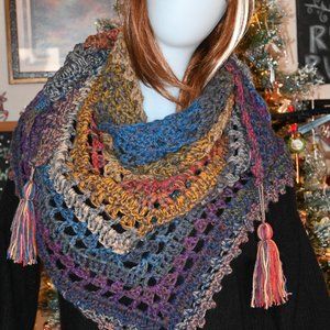 New handmade multi colored crochet triangler scarf/shawl with tassels